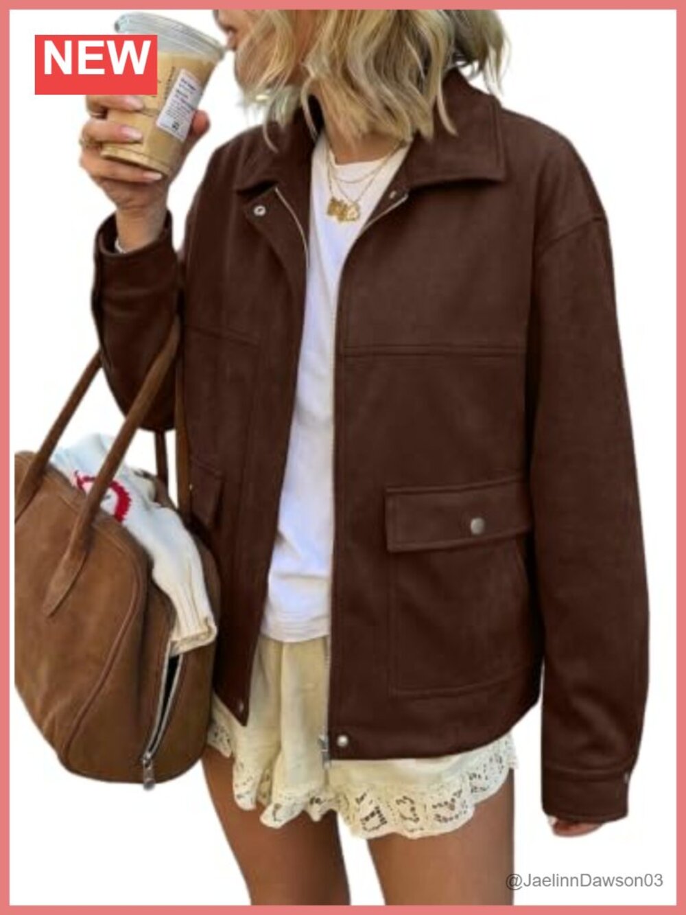 Faux Suede Bomber Jacket Women Loose Fit Zip Snap Pockets Casual